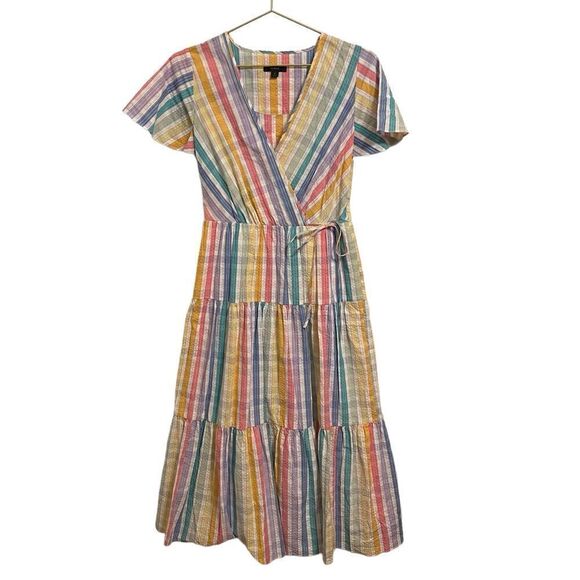 J. Crew Faux-Wrap Dress in Rainbow Gingham Midi Tiered Cotton Size 0 - Picture 2 of 10